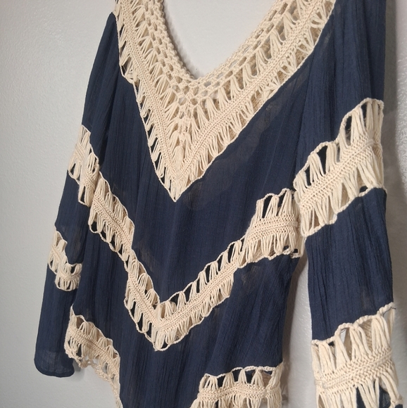 Umgee Navy Cream Crochet Gypsy Boho Coachella Chic Tunic Blouse Long Sleeve M - Picture 8 of 16